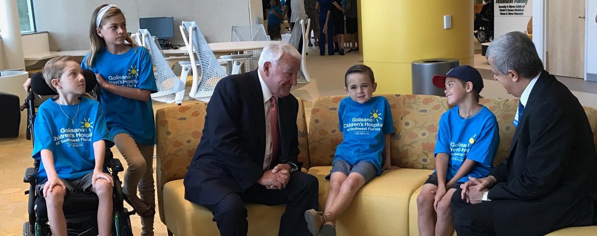 Tom Golisano with a group of children at the Golisano Children’s Hospital of Southwest Florida