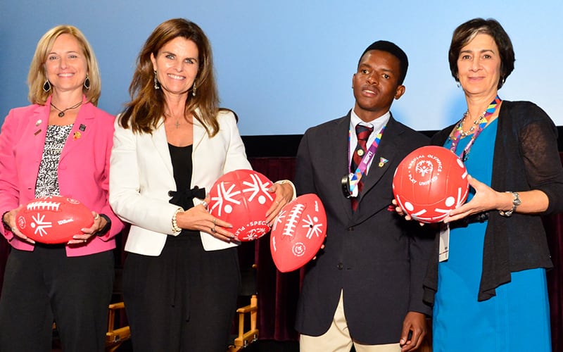 Janet Froetscher , Ann Costello, Maria Shriver, and Brightfield Shadi announce the largest ever gift to the Special Olympics.