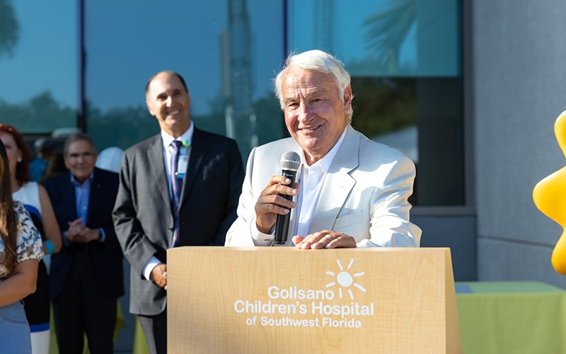 Tom Golisano giving a speech at the Golisano Children's Hospital of Southwest Florida's five year celebration.